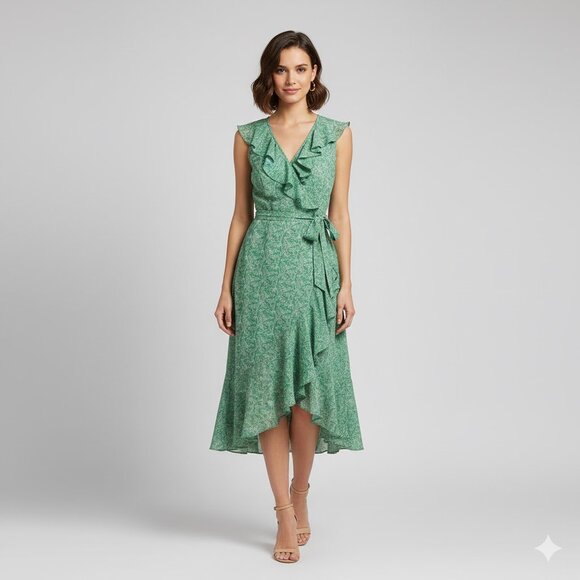 MAX STUDIO Green Floral Ruffle Wrap Midi Dress | Medium - Picture 1 of 8